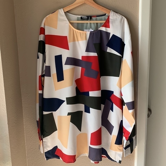 YOINS Plus Size Long Sleeve Geometric Pullover Blouse - Picture 2 of 6